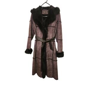 Regent Park Real Fur Trim Faux Suede Long Coat Small Purple Penny Lane Y2K
